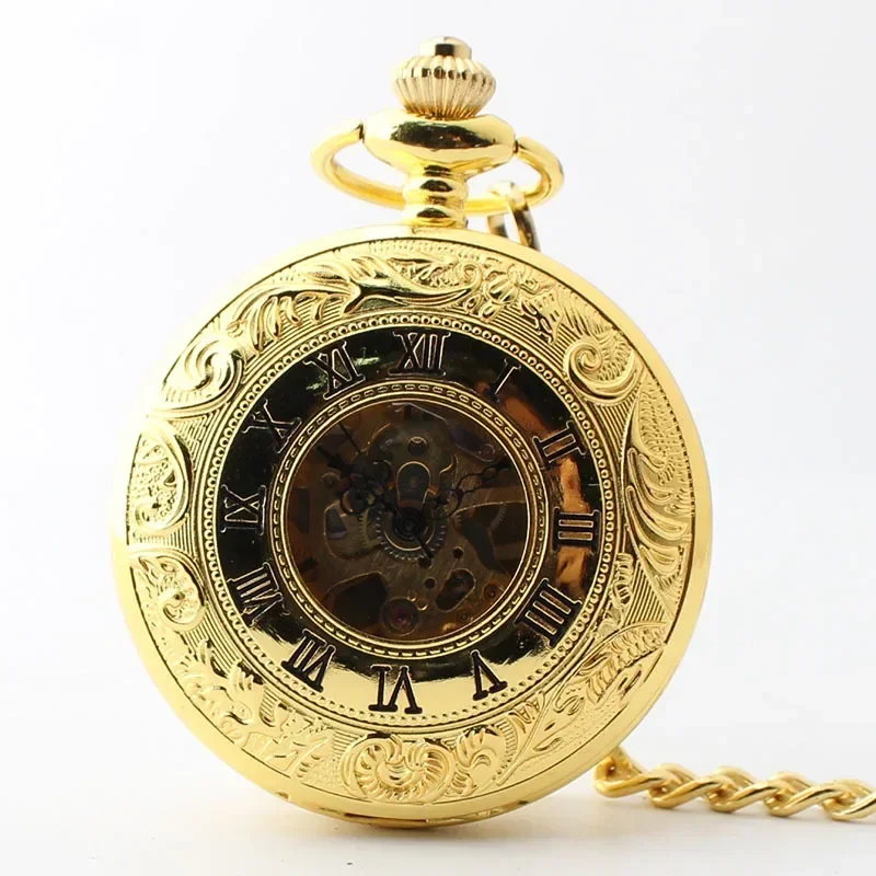 

Luxury Retro Gold Pocket Watches For Men Women Roman Numerals Vintage Mechanical Chain Gift Steampunk Unisex Fob Clock relogio