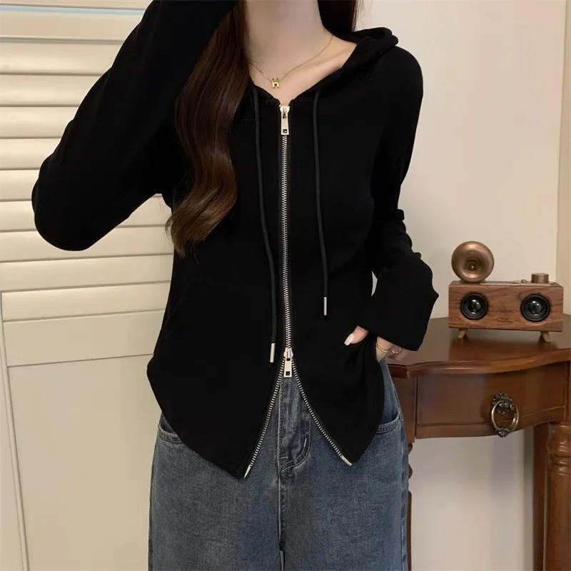 Casual Style Double Zip Hooded Thin Sweater Women Autumn Slim Thin All-match Commuter Solid Color Female Hoodie Tops