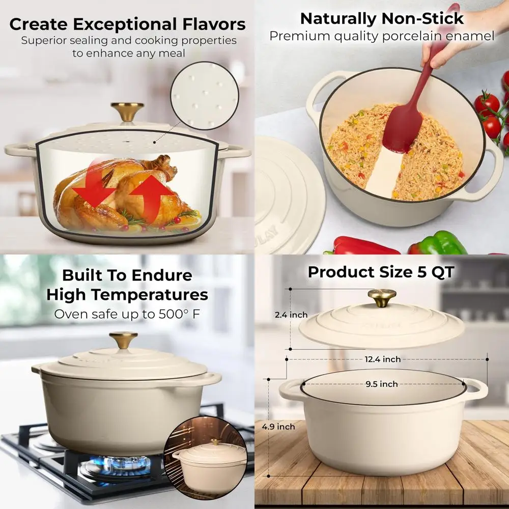 

Enameled Cast Iron Dutch Oven, 5 Quart, Oven Safe to 500°F, Ideal for Baking, Stews, Braising, and Roasting in Ivory