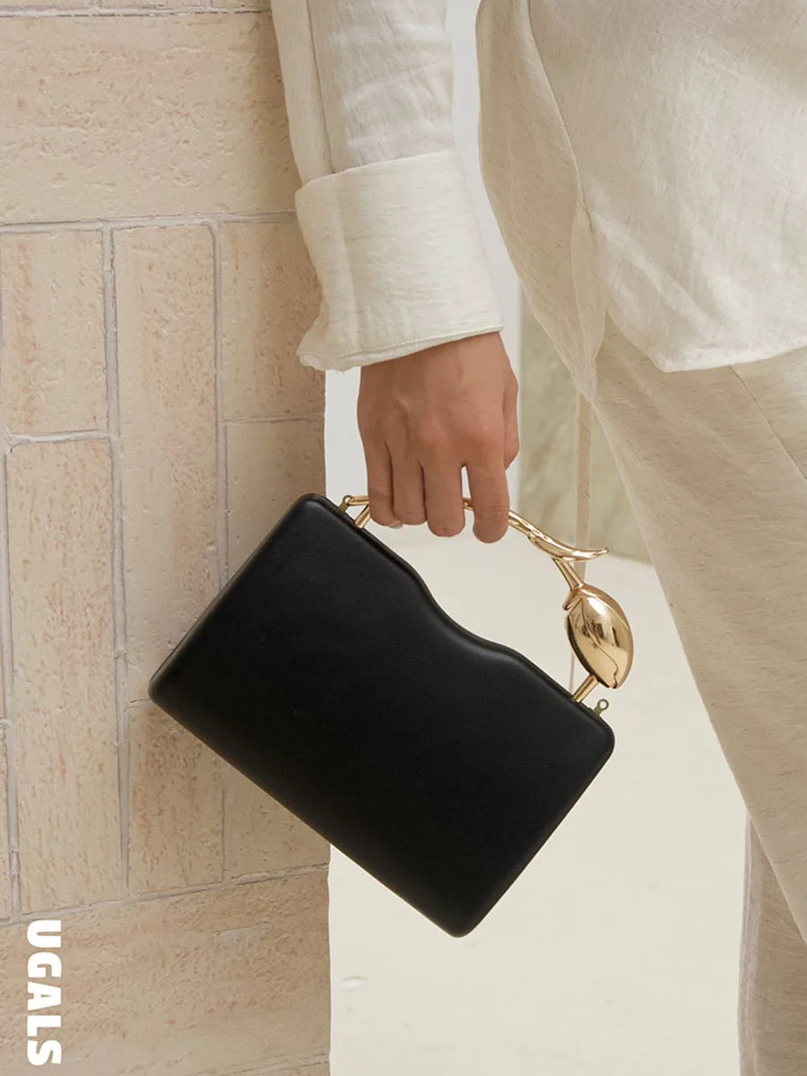 UGALS Fairy Advanced Metal Handle Flower Box Dinner Luxury Clutch Crossbody Small Square Bag Women Casual Simple Style Handbag