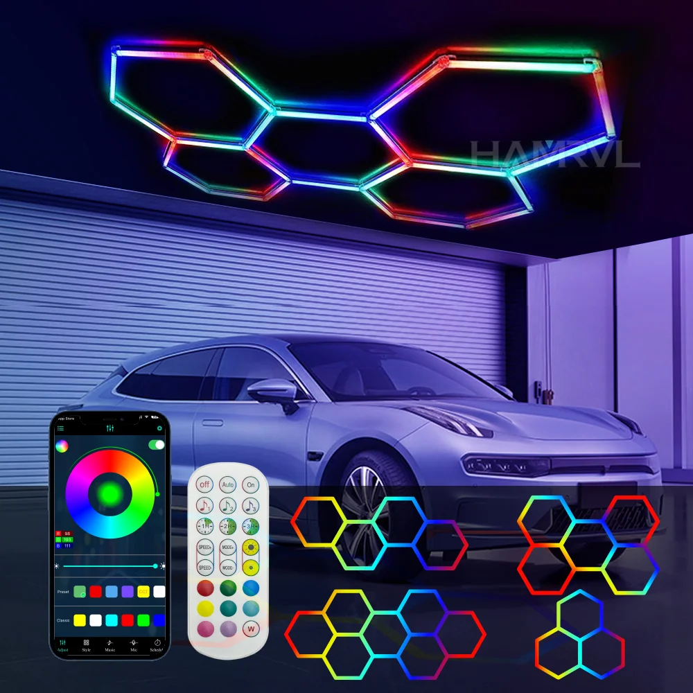 

Светодиодная потолочная панель RGB Hexagon Honeycomb с пультом/управлением через приложение, атмосферная лампа для гаража, автомастерской, мастерской/спортзала