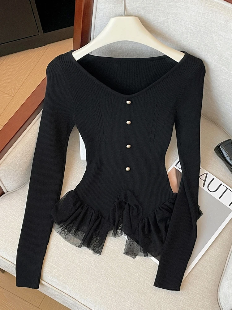 Autumn Winter Woman French Vintage Pullovers Sweater Lace Ballet Core Long Sleeve V-neck Knitwears Aesthetic Coquette Old Money