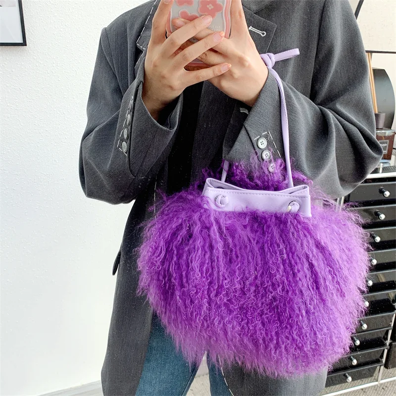 2022 Winter Real Mongolia Lamb Fur Handbag Women Casual Tibet Long Hair Natural Fur Shoulder Bag Genuine Tote Bags Female