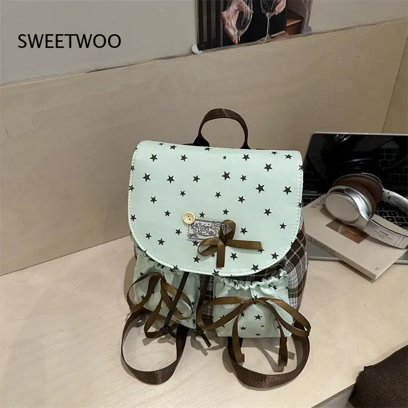 Women's Sweet-Style Star-Plaid Bow-Decorated Drawstring Casual Backpack
