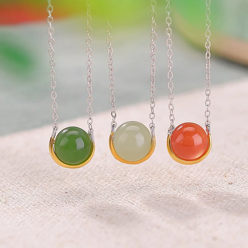 S925 Silver Hetian , Green Jade, Red Agate Round Bead Pendant With Rotatable Clavicle Chain
