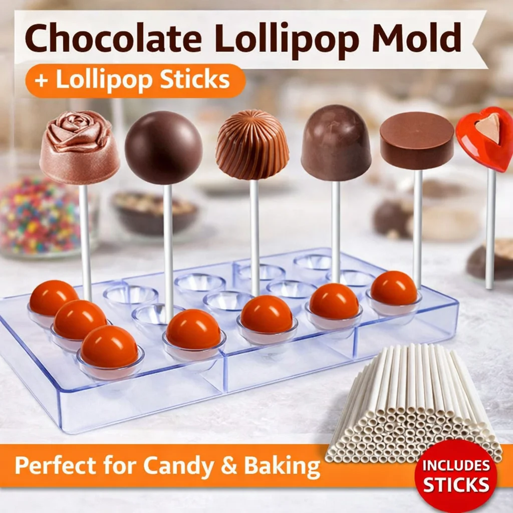 Juego de Moldes para Piruletas de Chocolate con 100 Palitos, Herramientas para Hornear para Niños, para Dulces y Golosinas Caseras