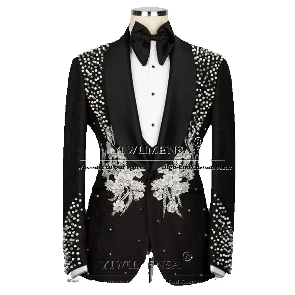

Customized Groom Wedding Tuxedo Luxury Pearls Beaded Appliques Prom Blazer Formal Party Banquet Man Dinner Party Clothing 3 Pcs