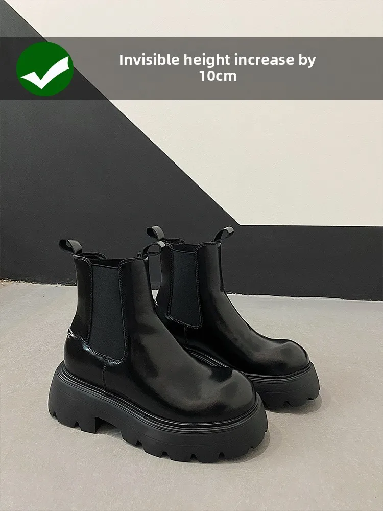 

Men's Chelsea Boots Thi Bot Genuine Leather High Top Chelsea Boots Invisible Heightening Boots Briti Sle Yout...
