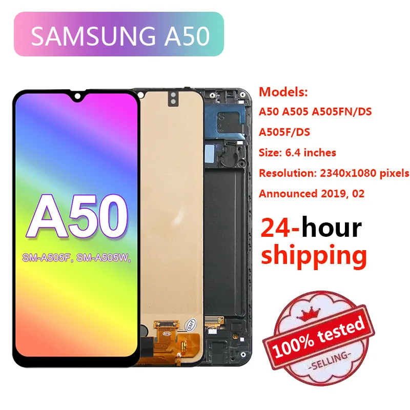 TFT-экран A50 для Samsung Galaxy A50 A505 A505FN/DS A505F/DS, ЖК-дисплей, цифровой сенсорный экран с рамкой