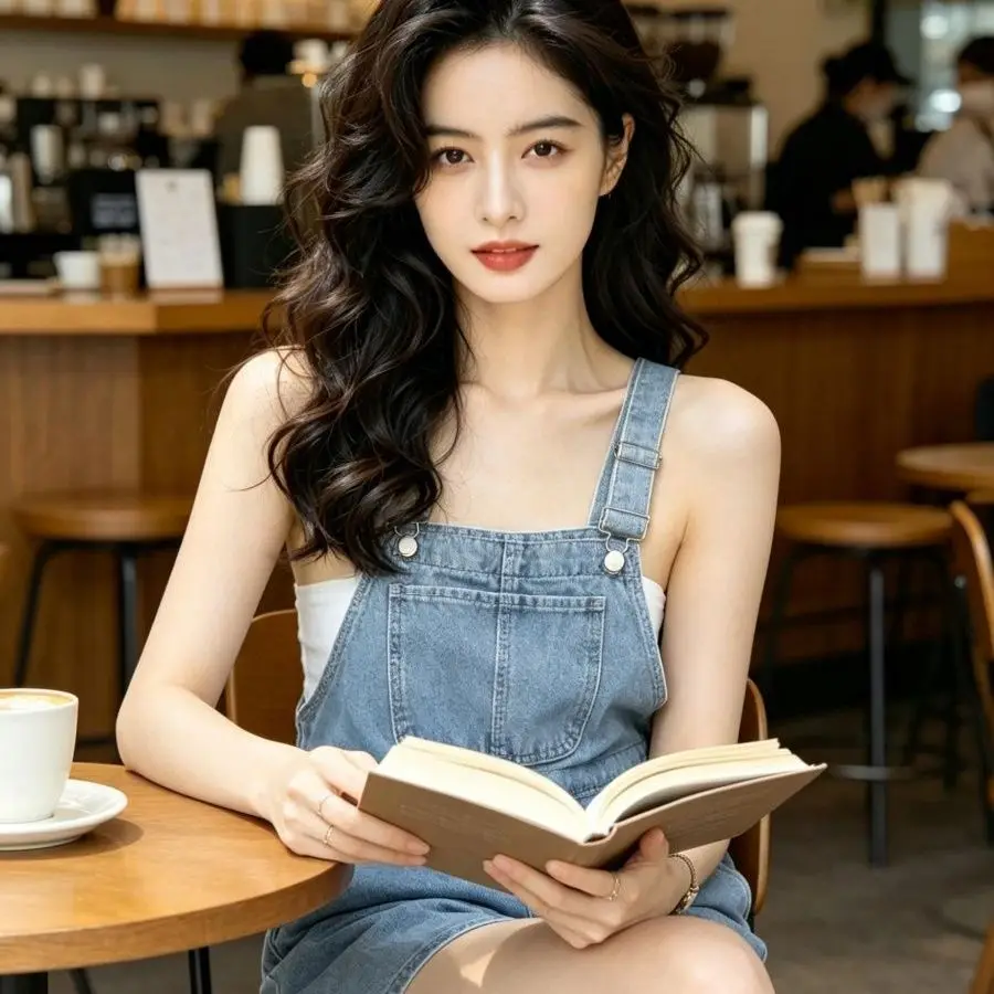 Fashionable Denim Overalls Women's Spring Summer Loose Wide Leg Slimming Short Style High Waist Jeans Pants Korean Version