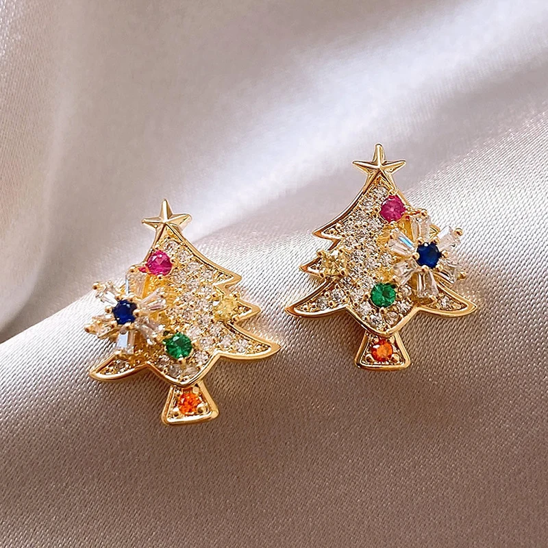Huitan Gorgeous Colorful Cubic Zirconia Christmas Tree Stud Earrings for Women Cute Snowflake Gold Color Party Festival Jewelry