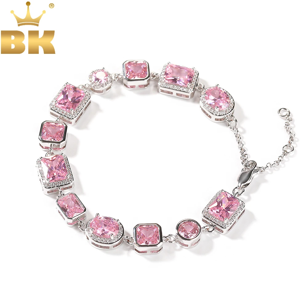 

TBTK Iced Out Pink Cube Gemstone Candy Bracelet Plus Extension Маленькая цепочка Большой круглый овальный браслет с кубическим цирконием Ювелирные изделия в стиле хип-хоп