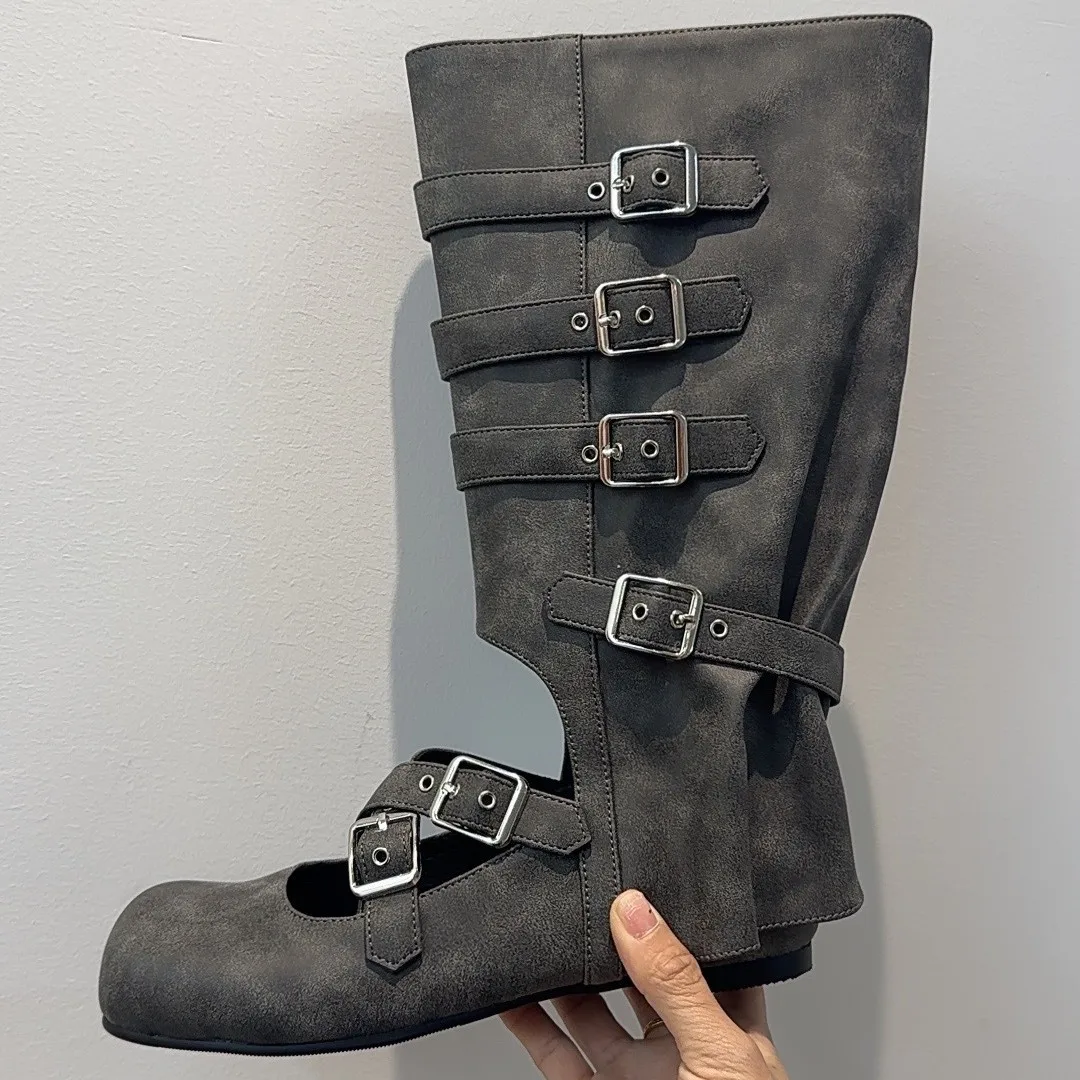 

Женские длинные сапоги на плоской подошве с пряжкой, женские ботинки в стиле панк, уличные дышащие модные ботинки, однотонные