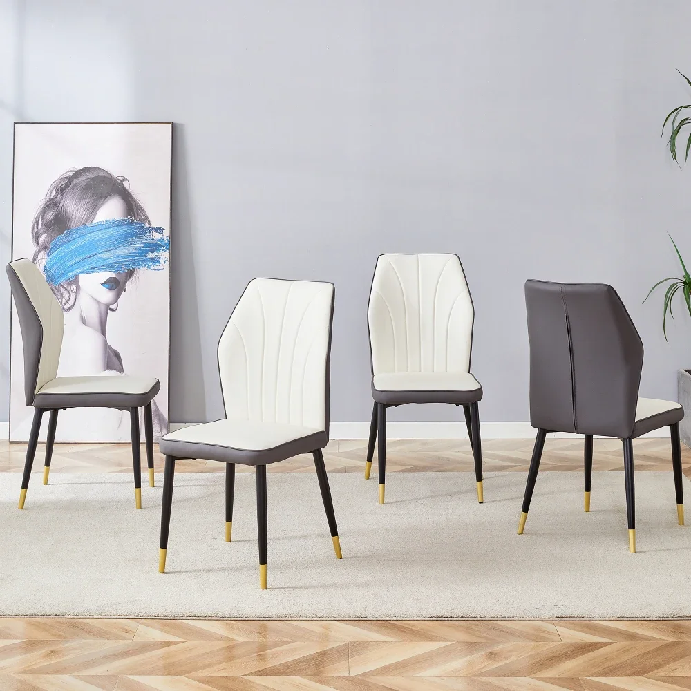 4 Modern Dining Chairs with Stylish PU Patterned Backrest and Black Metal Legs for A Comfortable Home Experience in The Kitchen