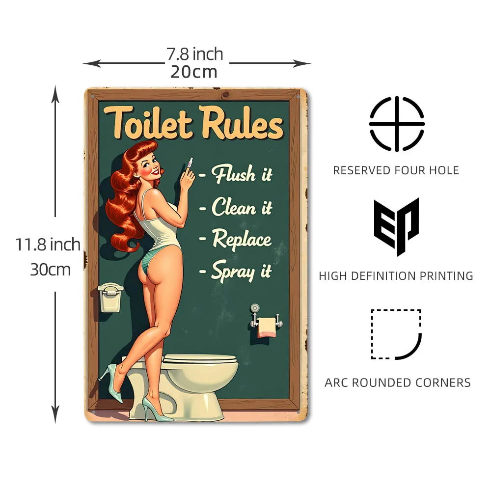 Vintage Aluminium Toilet Rules Pin Up Girl Tin Sign, Dark Green Chalkboard Background Wall Decor for Restroom & Bar Home