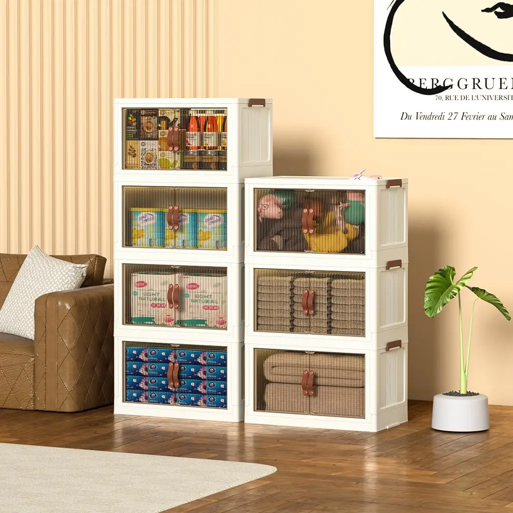 128QT Large Plastic Foldable Storage Bins with Lid Magnetic Doors Stackable Collapsible Organizer Box with Wheels Eco-Friendly Wardrobe Closet Cabinet Home Bathroom Room Organization Multi-Size Storage Containers
