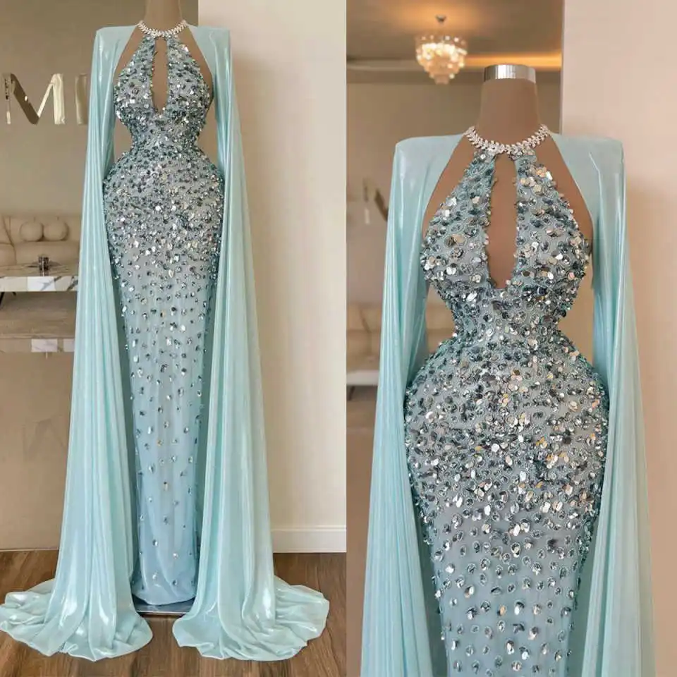 

Shiny Sequins Mermaid Evening Dresses Halter Neck Sleeveless With Cape Prom Gowns Birthday Party Customized