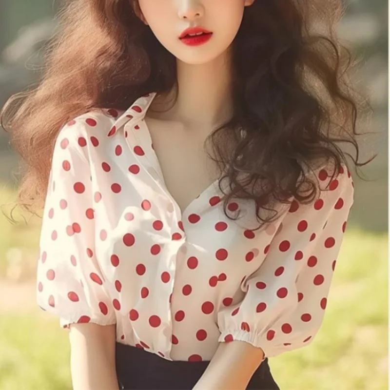 

Office Lady French Style Blouse Puff Sleeve Cracker Khaki Polka Dot Short Sleeve Shirt Women Summer Niche Design Sensibility Top