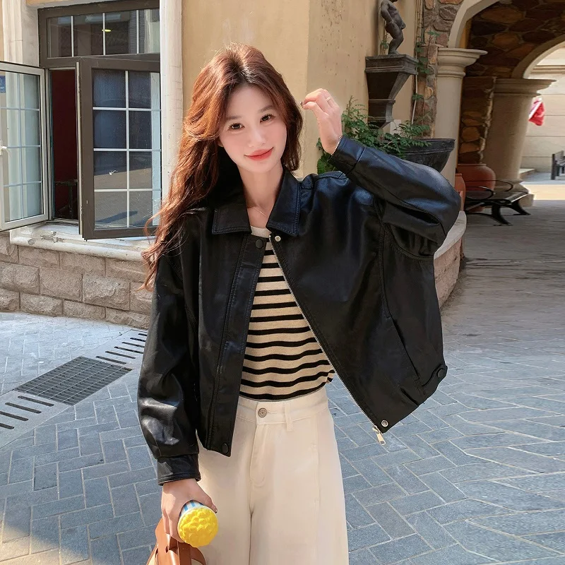 Spring 2026 Women's Black Leather Jacket Short Motorcycle Style Retro Cool Wind Short Length turndown Collar Casual Jacket traf