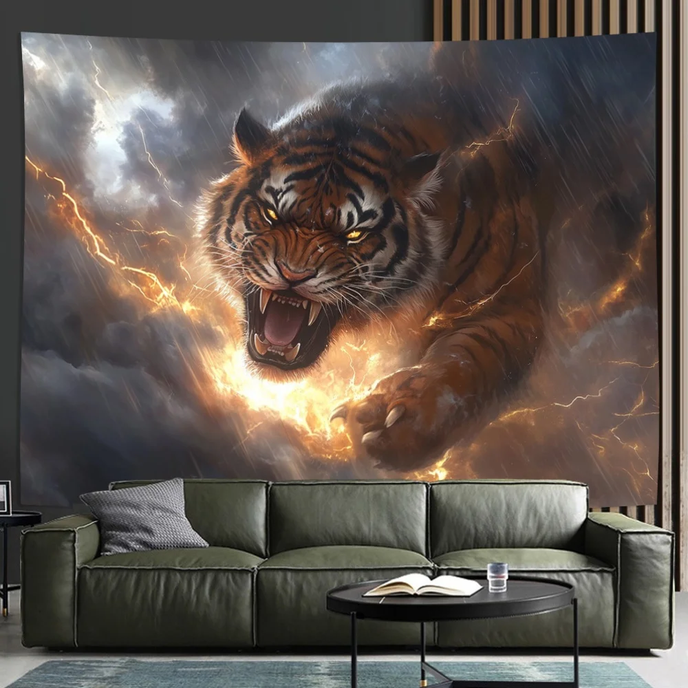 3D Tiger With Stormy Clouds And Lightning Background Cloth Polyester Wall Tapestry For Living Room Bedroom Office Party Dec