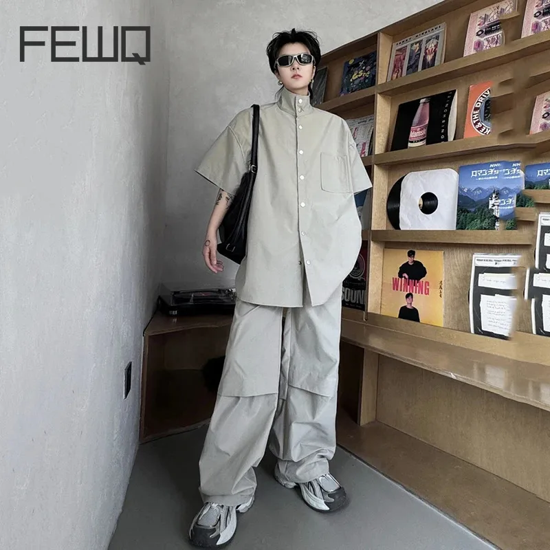 FEWQ Summer Male Set Two-piece Stand Collar Short Sleeve Shirt Baggy Fold Staight Pants New Menwear Suit Niche Design 28W3119