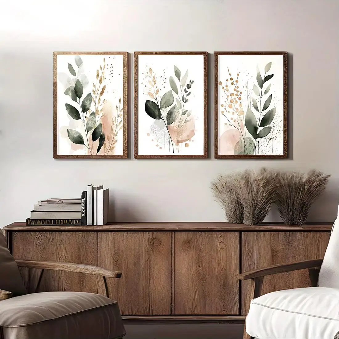 3PC frameless Watercolor Eucalyptus Leaf Wall Art Set, Sage Green Blush Pink Neutral Botanical Canvas Prints, Minimalist Boho Ho