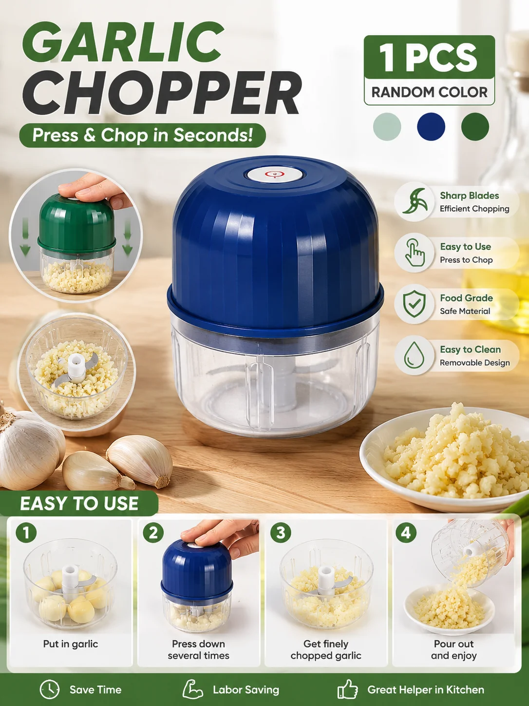 Upgraded USB Rechargeable Electric Food Grinder, Waterproof BPA‑Free Mini Garlic Onion Vegetable Processor, Portable Kitchen Foo