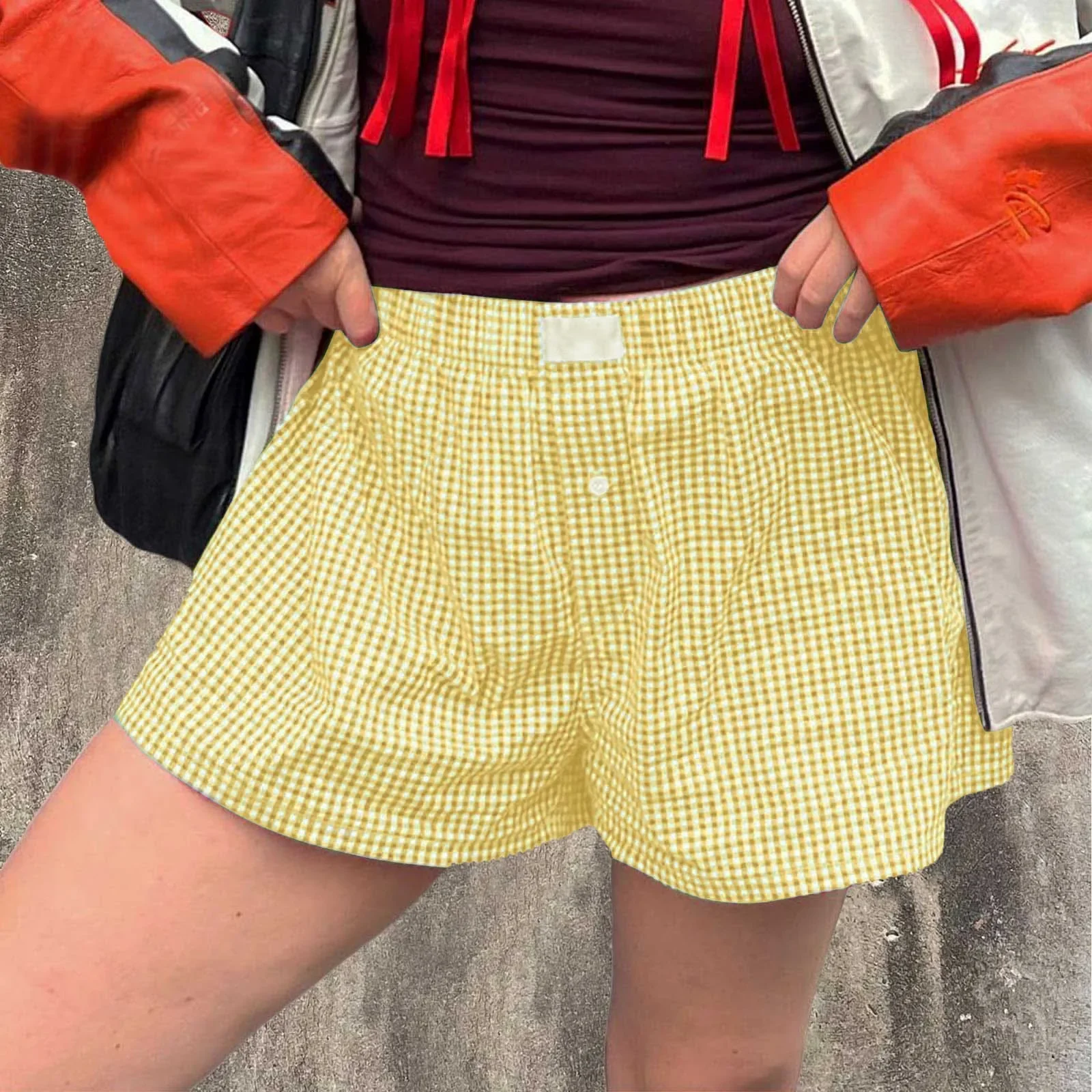 Women’s Plaids Shorts Casual Elastic Low Waist Button Front Lounge Shorts Streetwear Retro Soft Loose Flared Short Pants