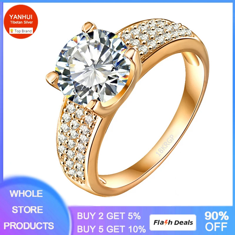 YANHUI Allergy Free Pure Yellow Gold Color Tibetan Silver Rings Solitaire 2ct 5A Cubic Zircon Rings Wedding Band Gift for Women