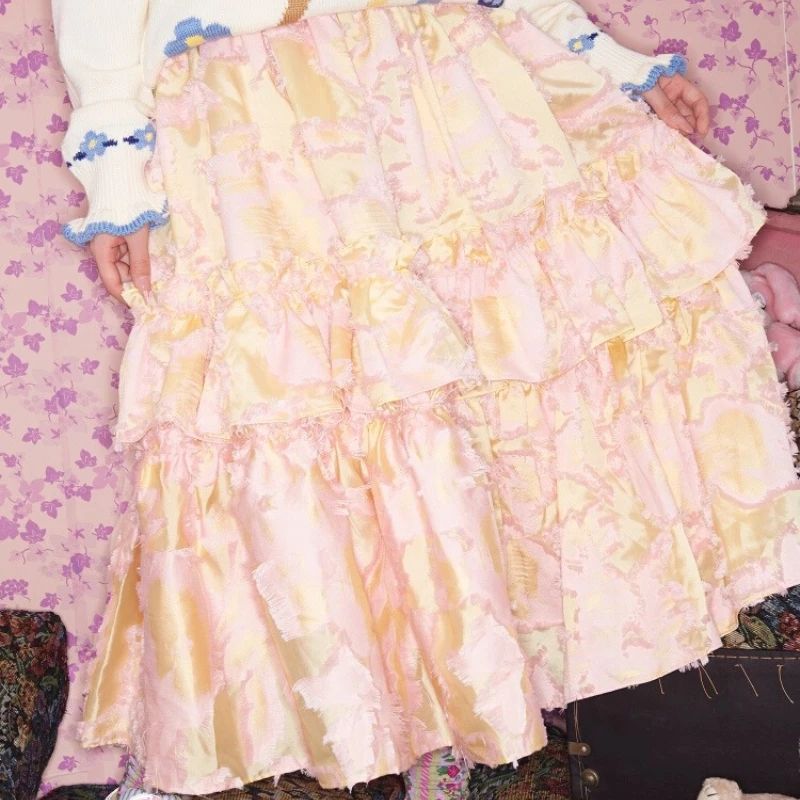 

Оригинальный дизайн, светло-розовая, желтая женская юбка с цветочным узором, зимняя новая многослойная свободная утягивающая универсальная юбка с рюшами, женские юбки