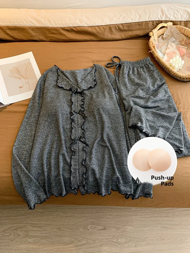 

2026 New Cotton Spwear for Women with Chest Pad Long Sve Home Clothes Set Soft Polyester Fiber round Ne Straight Tube
