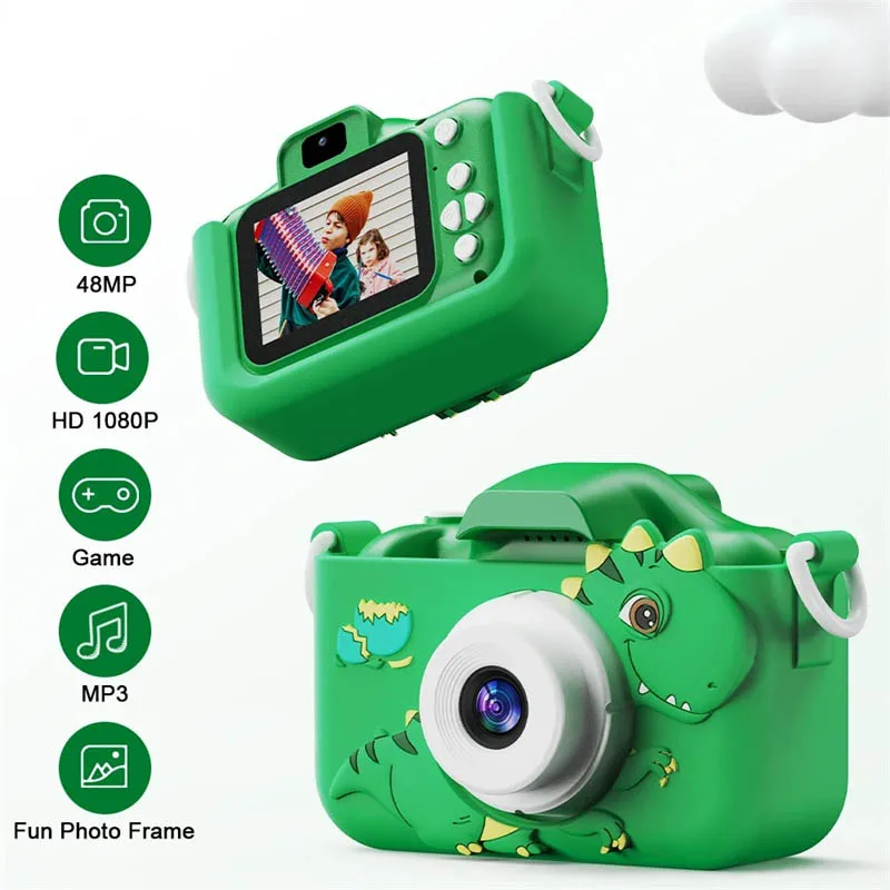 

Детская камера с милым динозавром на Рождество, день рождения для девочек и мальчиков 3-12 1080P HD цифровая видеокамера для селфи для малышей, камеры