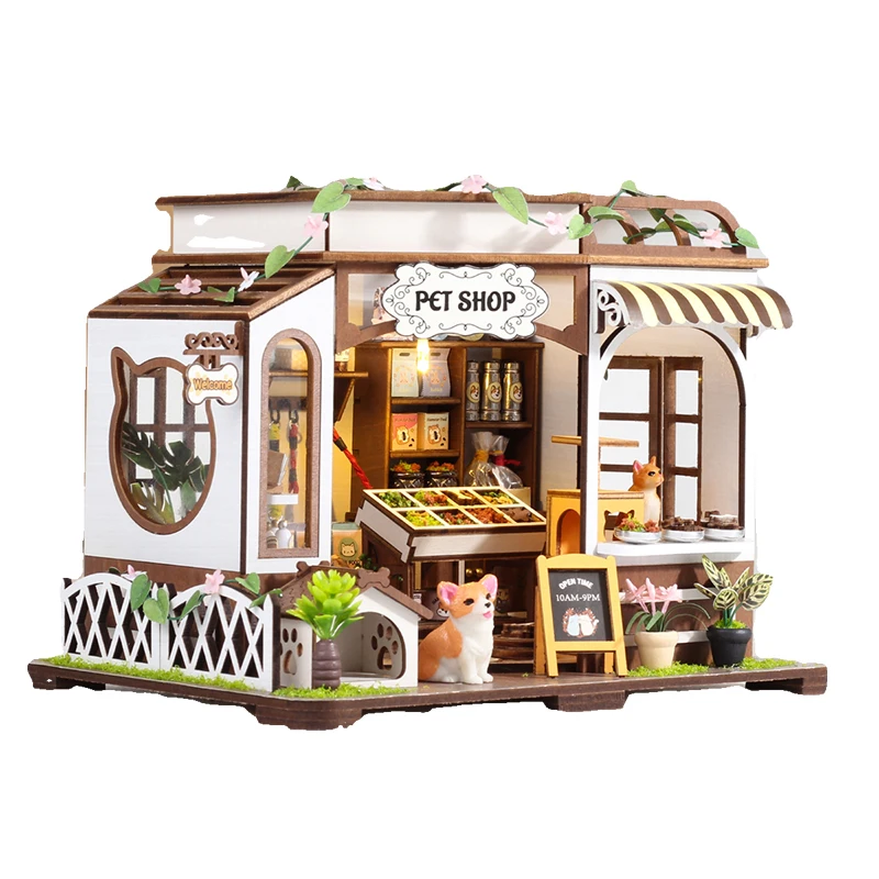 NEW DIY Wooden Pet Shop Casa Miniature Building Kits With LED Lights Assembled Doll Houses Home Decoration Friends BirthdayGifts