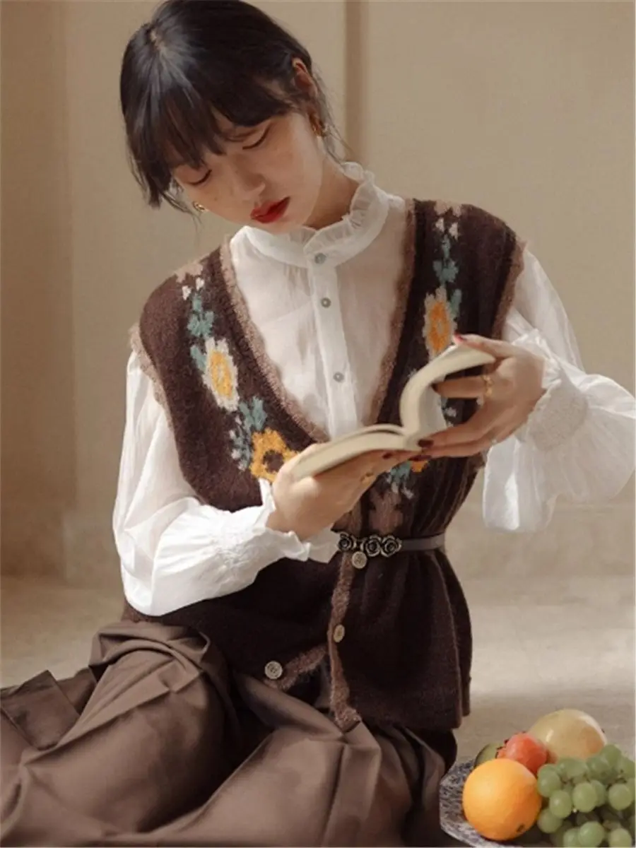 

Вязаный кардиган Gagarich 2026 в стиле французского ретро с V-образным вырезом и цветочным узором, женский, осенне-зимний, многослойный, с топом-майкой