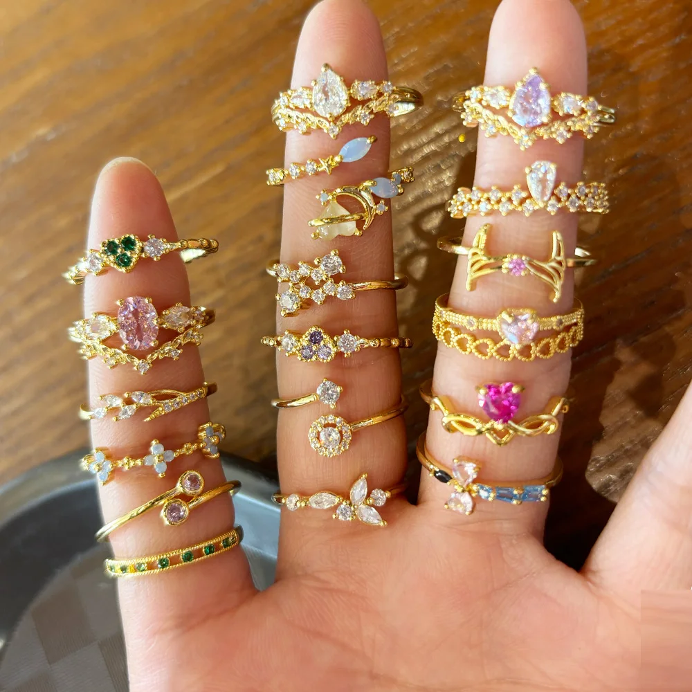 Dazzling Small Cubic Zirconia Rings For Women Gold Color Minimalist Thin Band Temperament Finger-ring Statement Jewelry