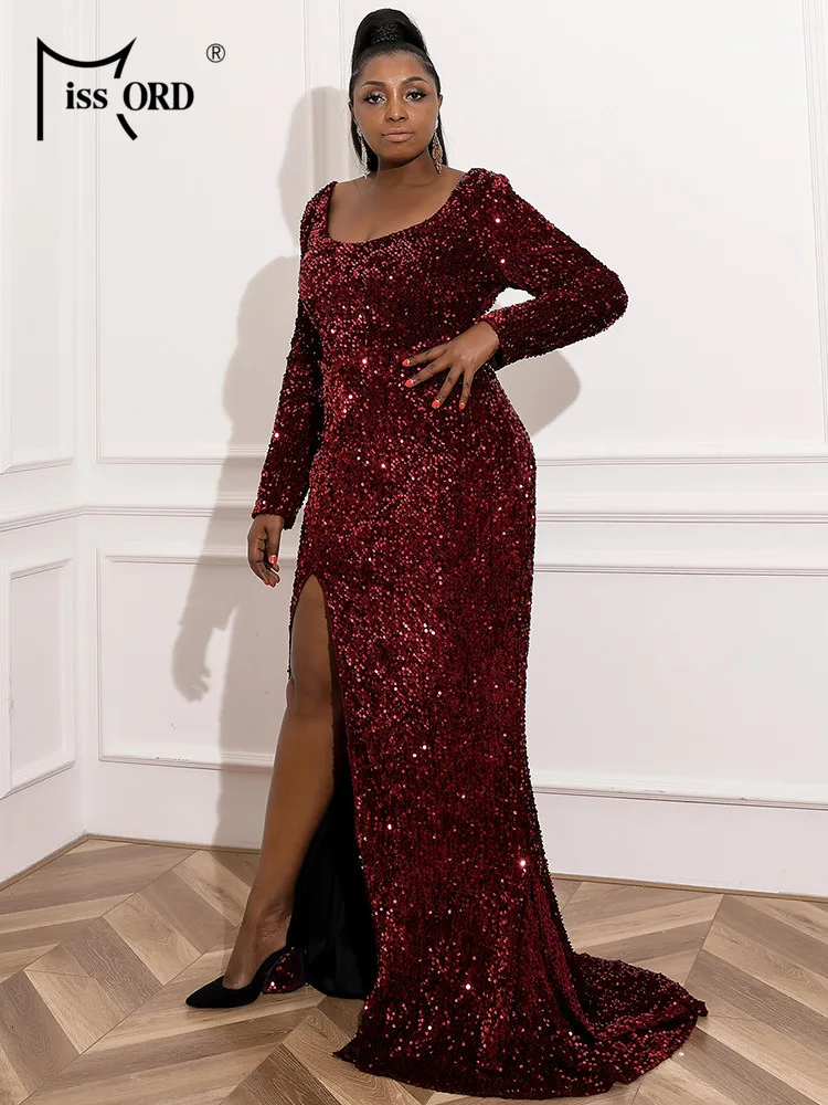 Missord Women Wine Plus Size Evening Dress Long Sleeve Sequins Thigh Split Bodycon Party Prom Maxi Dresses Elegant Backless Gown