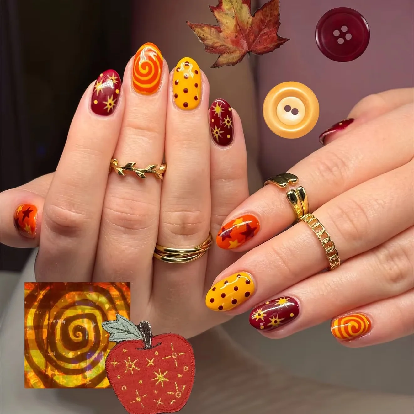 Fall Press on Nails Short Round Fake Nails Burgundy Yellow Star Swirl Polka Dot Design Reusable False Nail for Thanksgiving