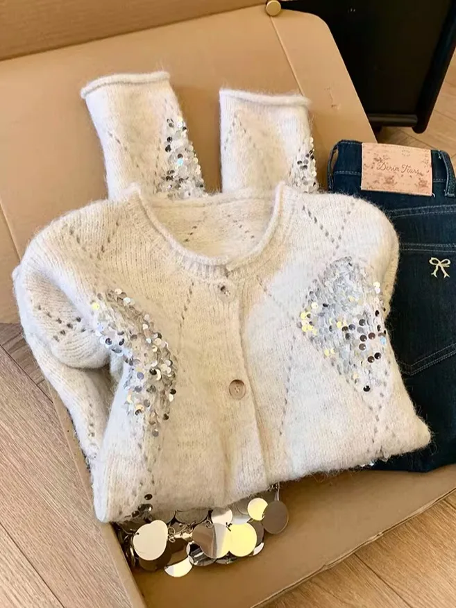 

Shanzhou Guangzhou High Quality Sequin Knitted Soft Cozy Open Cardigan Women's Autumn Winter Layering Sweet Style Short Lengt...