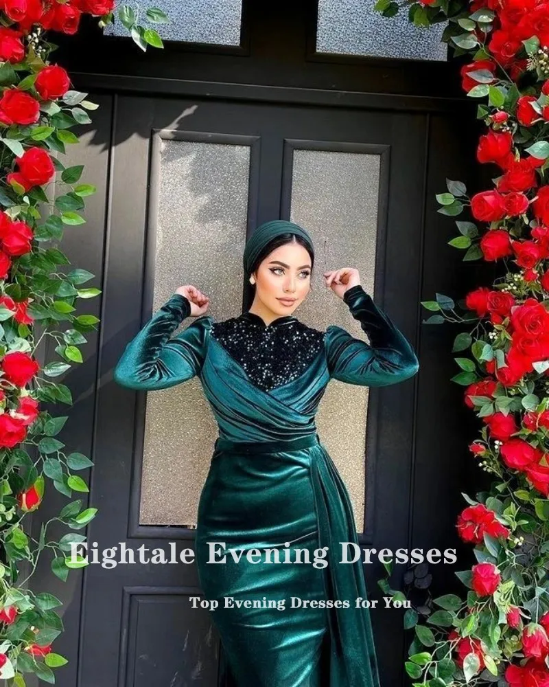 Eightale Formal Women\'s Evening Dresses Muslim Velvet Arabic Green Celebrity Prom Party Dress vestidos de ocasión formales