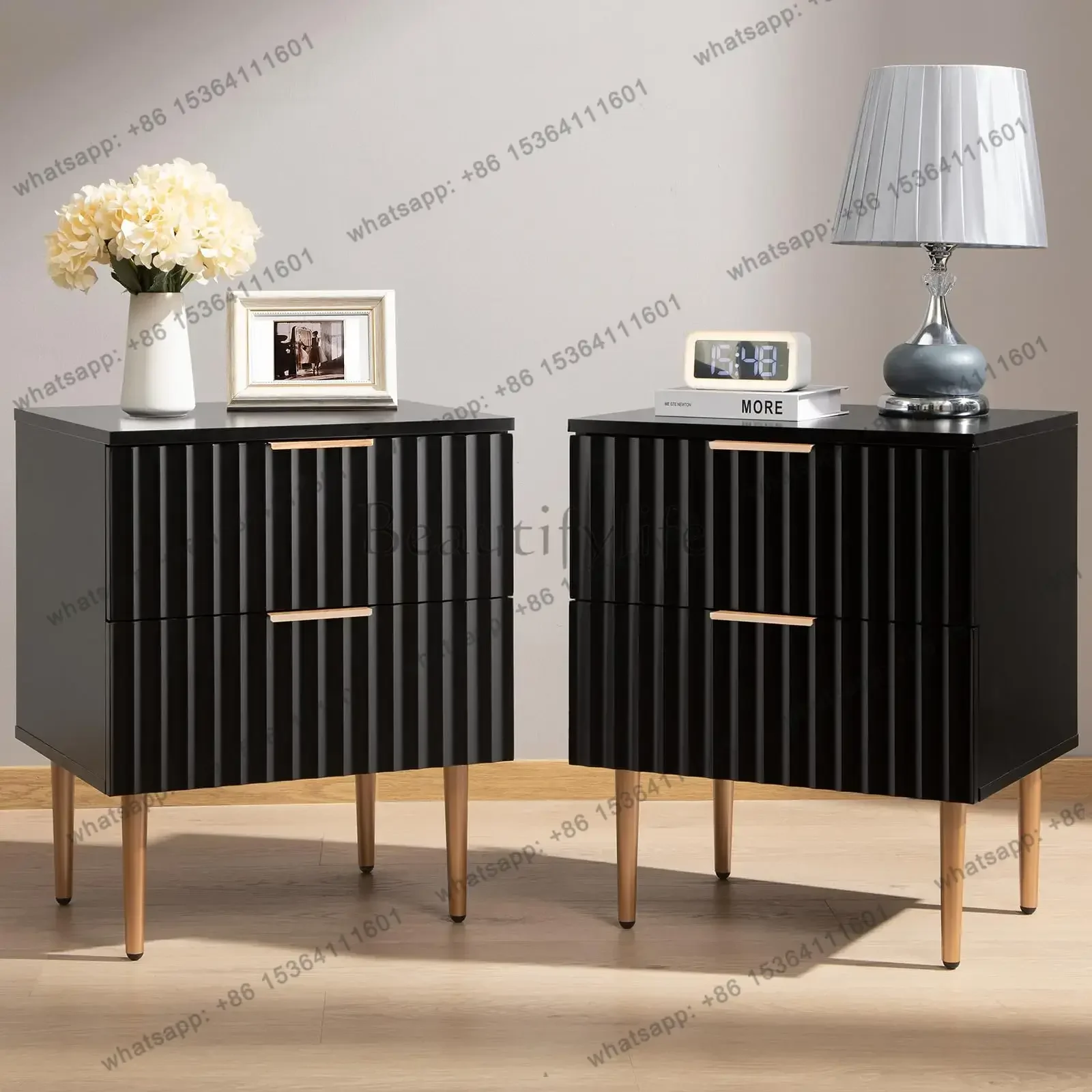 Factory Direct Night Stand Set 2, Fluted Glossy Nightstands Set Of 2 With Drawers