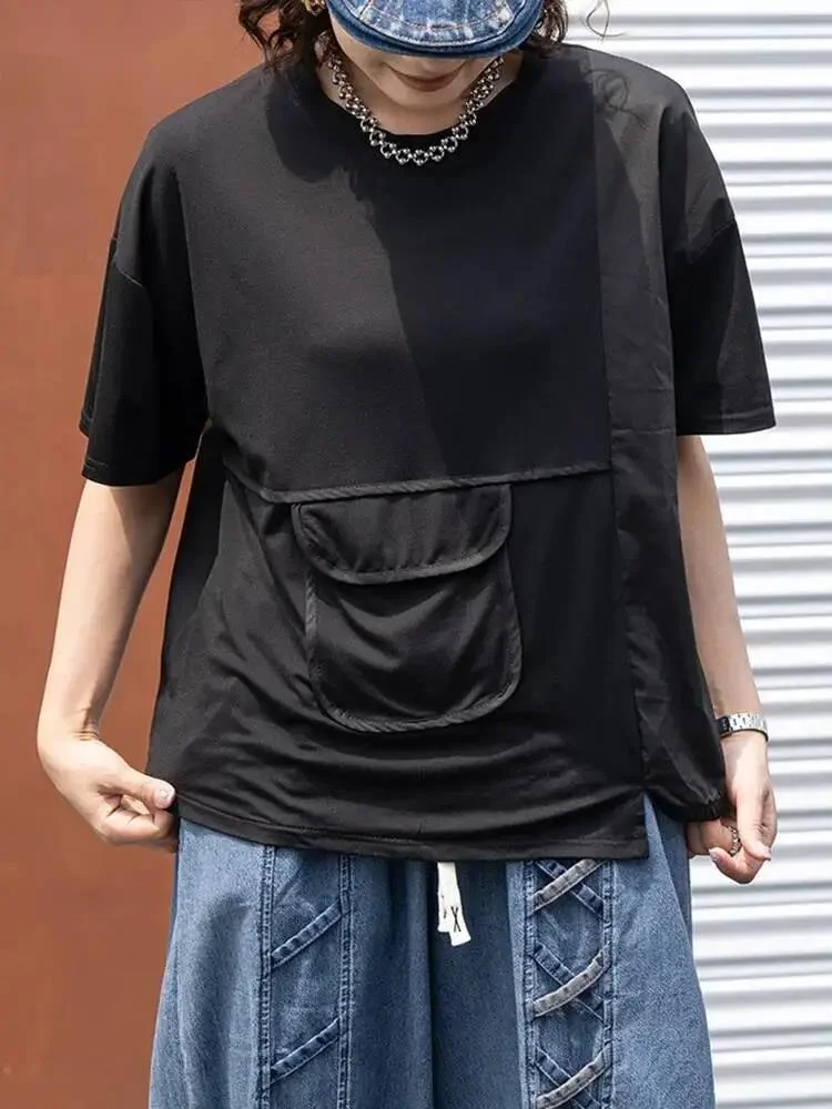 

Women Black Pocket Spliced Casual Big Size T-shirt New Round Neck Short Sleeve Fashion Tide Spring Summer