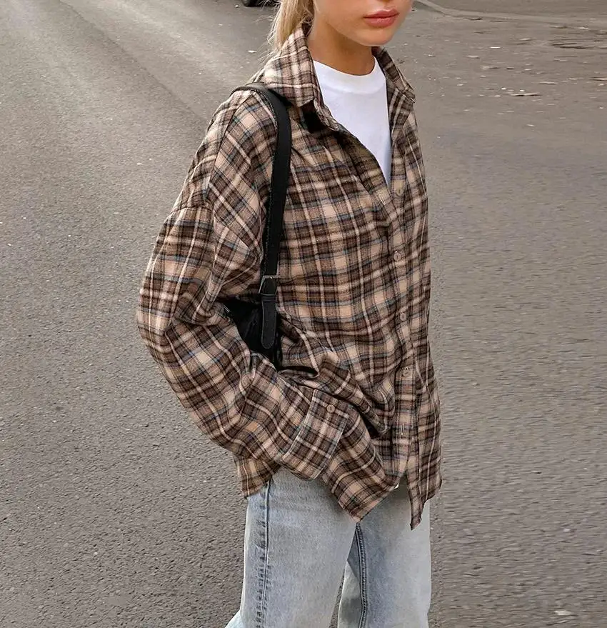 

Женская блузка с длинным рукавом, свободная однобортная повседневная рубашка, весенне-осенняя винтажная клетчатая рубашка в клетку