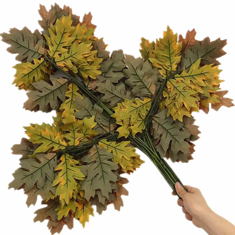 12pcs Artificial Glue Coated Oak Tree Leaf Branch for Greenery Wall Faux Three Forks Eiche Tree Stems