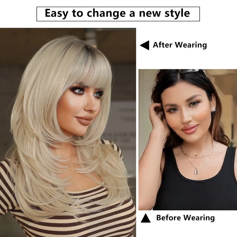 European American style women's textured long layered wig with bangs natural-looking suitable for parties and carnivals
