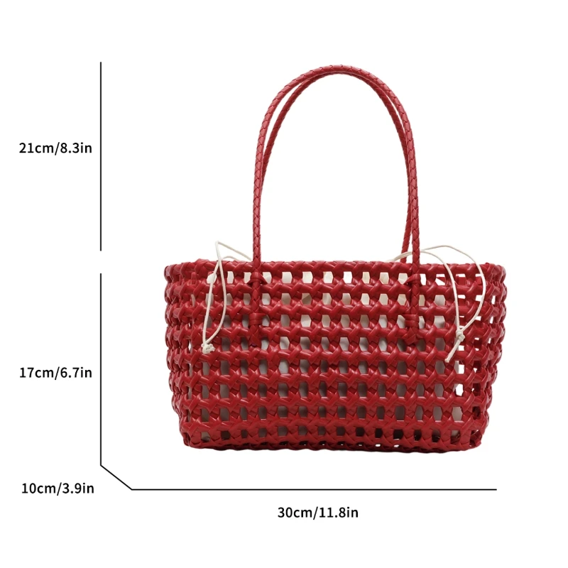2026 Summer New Hand Woven PVC Hollow Out Handbag Small Solid Color with Inner Pocket Bohemian Style Vacation Beach Tote Bag