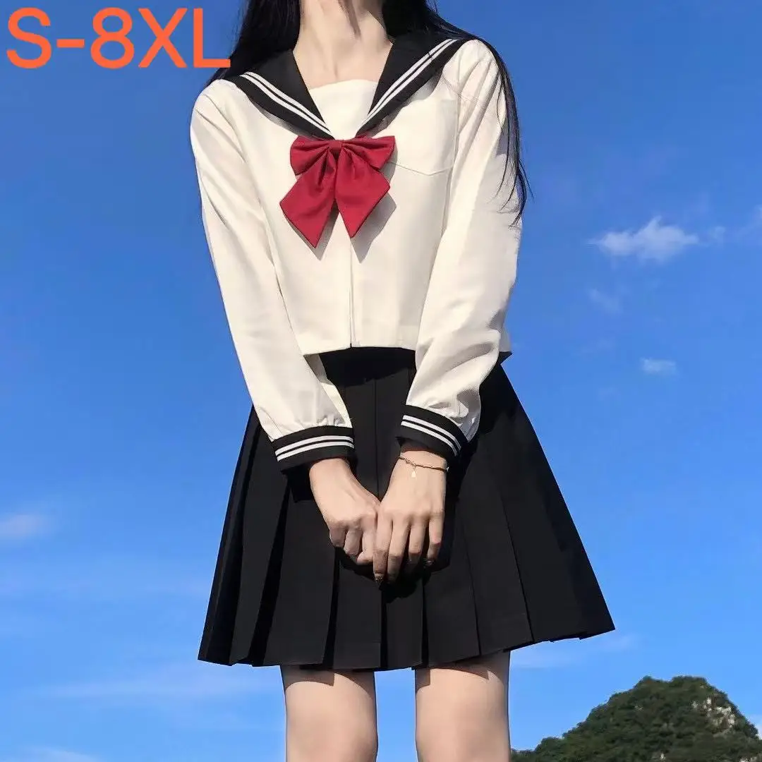 

Cute Japanese School Girls Uniform Basic White Two Black Three Stripped Tops Shirt Harajuku Street Students JK Sailor Suit Large