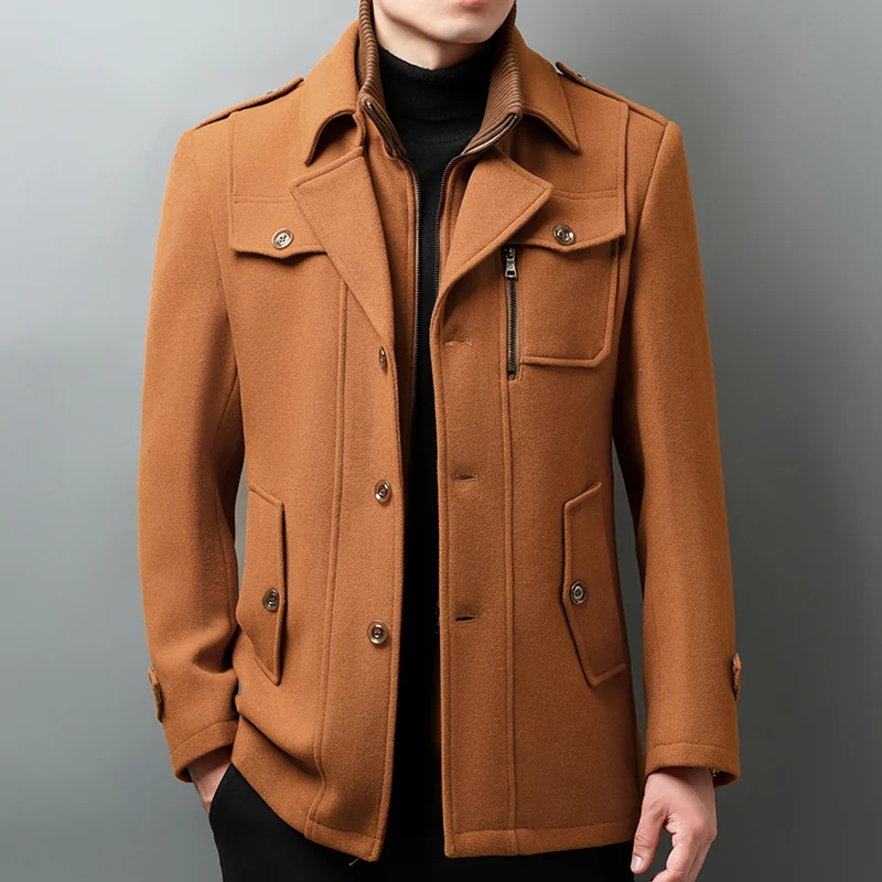 The Main Promotion of New Explosive Autumn and Winter New Mid-length Woolen Jacket Solid Color Patterned Slim Men\'s Coat