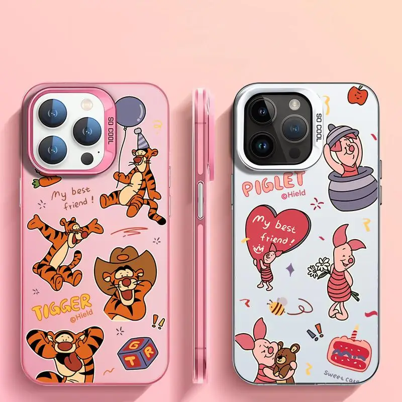 Matte Phone Case for iPhone 15 14 13 12 11 pro Max 15plus 14plus Disney Cartoon Piglet Tigger Colorful Silver Acrylic Hard Cover