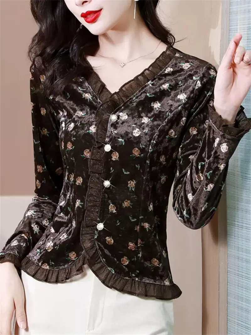 Women's Long Sleeve Velvet Blouse Fashionable Shirt V-Neck Retro Printed Short Tops Spring Autumn 2024 Z048