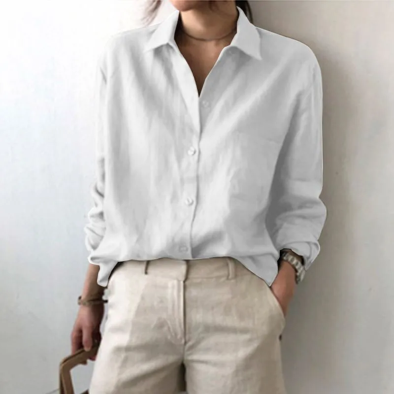 Women's Long-Sleeved Collared Button Comfortable Casual Blouse Spring Office Cotton-Linen  POLO Shirt